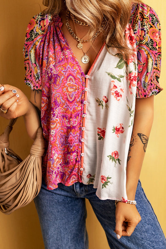 Boho Floral Patchwork Frill Neck Short Sleeve Blouse