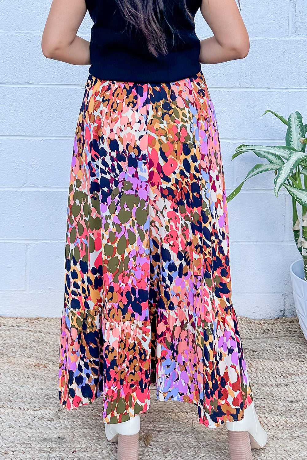 White Abstract Print Ruffled High Waist Maxi Skirt