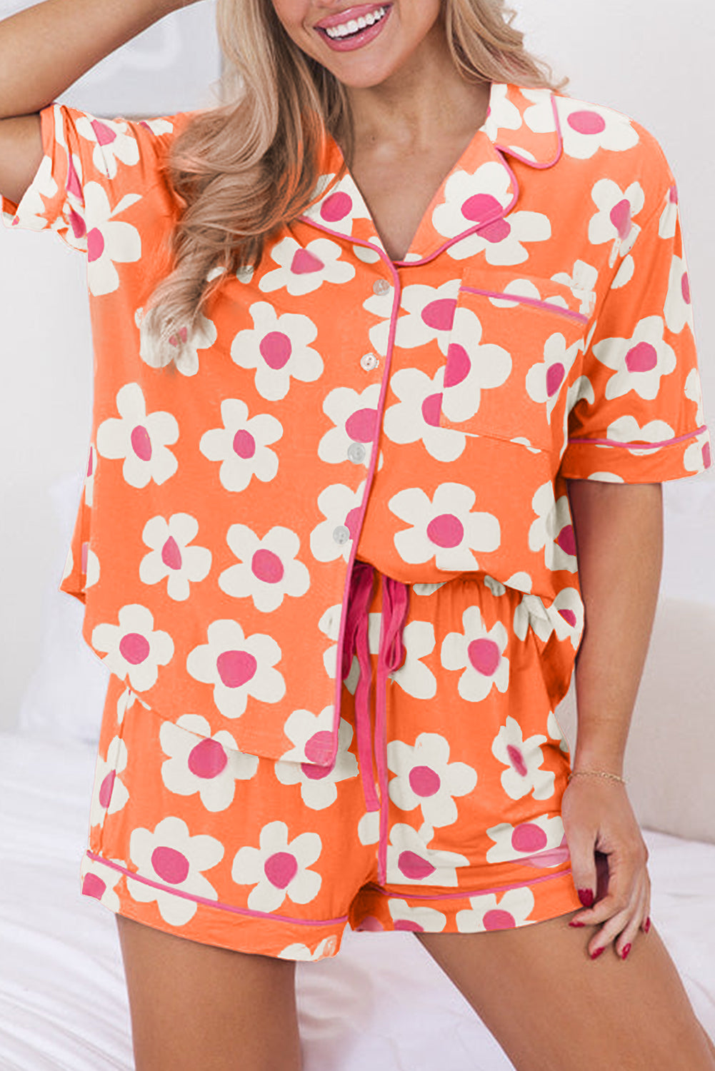 Flower Print Buttoned Shirt & Short Set (Color Options)