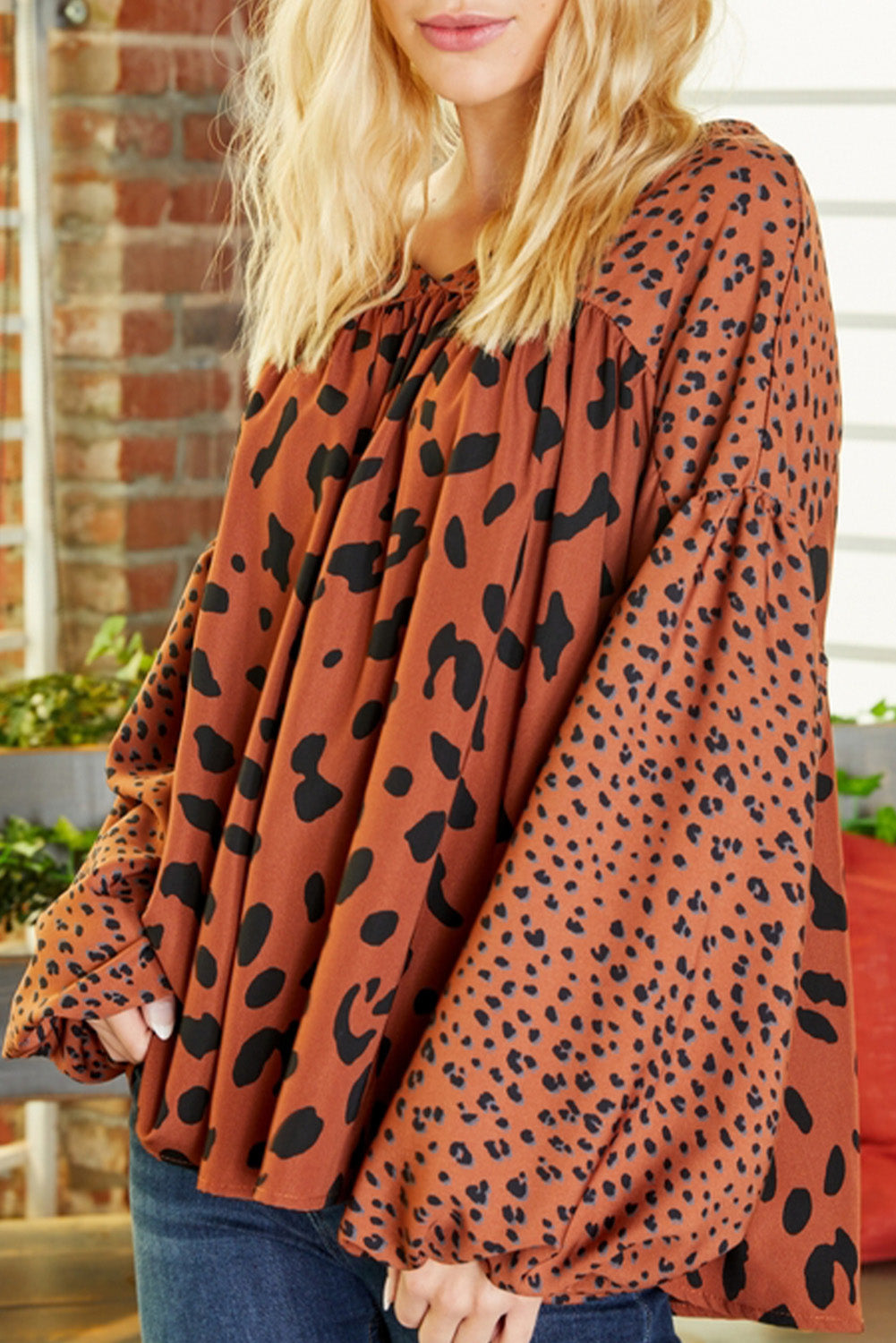 Brown Leopard V Neck Lantern Sleeve Tunic Blouse