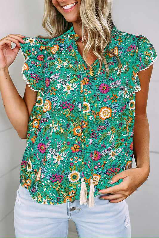 Lace Trim Flutter Sleeve Tropical Floral Print Blouse (Color Options)