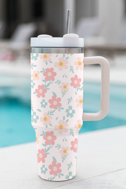 White Floral Pattern Stainless Vacuum Cup with Handle 40oz