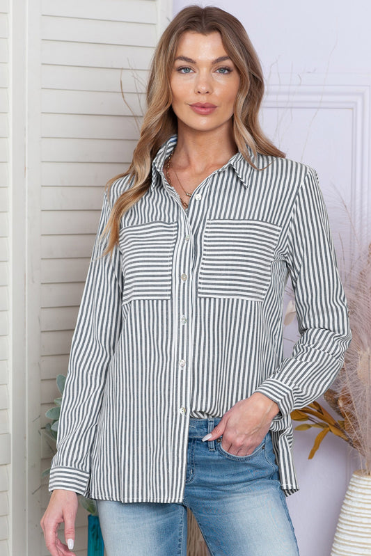 Blue Striped Chic Pockets Roll Up Sleeve Buttons Front Shirt