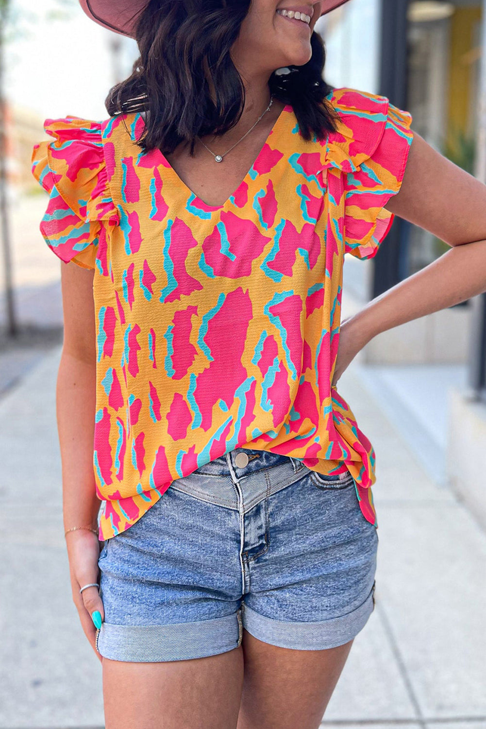 Orange Colorblock Abstract Print V Neck Ruffled Sleeve Blouse