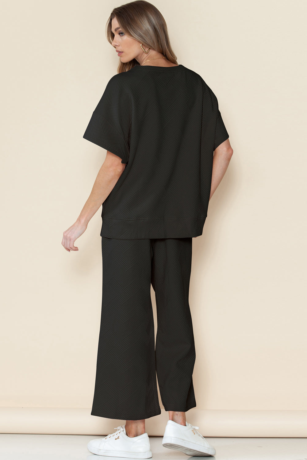 Black Textured Loose Fit T Shirt and Drawstring Pants Set (Color Options)