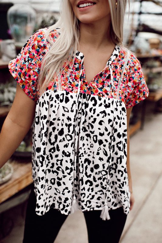 Leopard & Floral Embroidered V Neck Short Sleeve Blouse