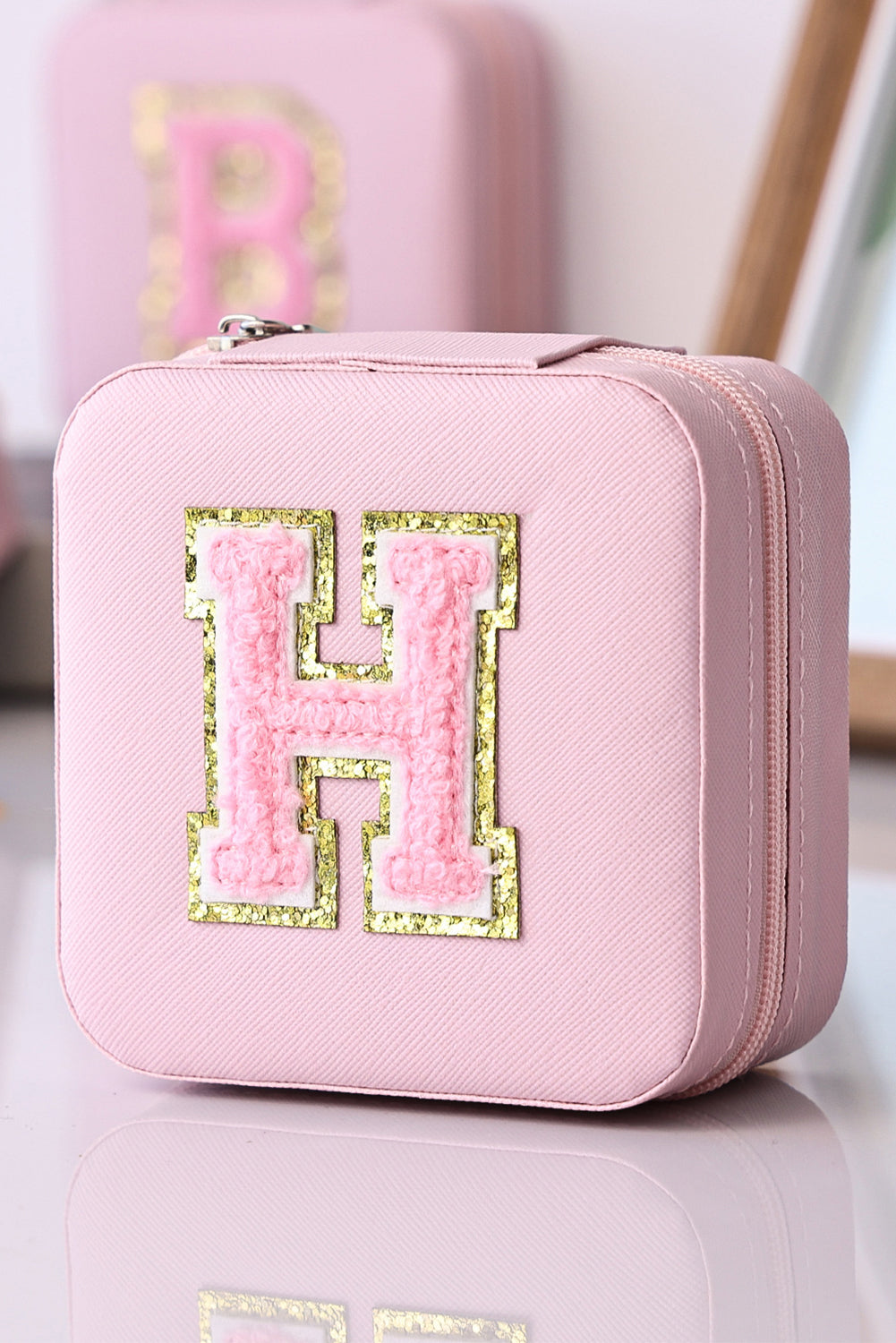 Pink Chenille Letter Graphic Jewelry Organizer Box