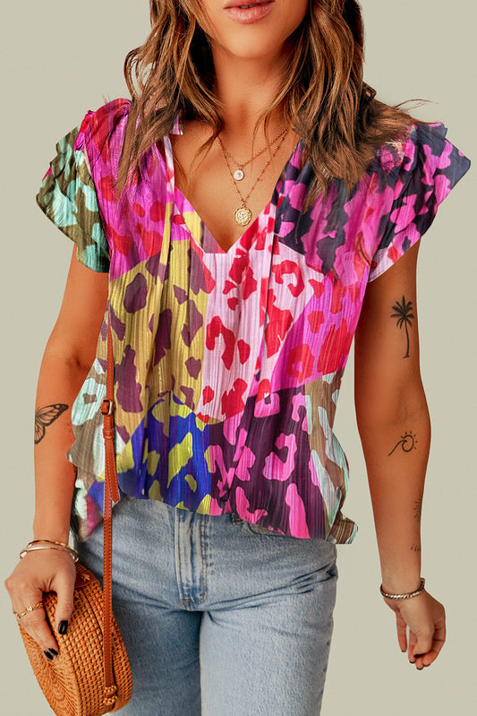 Multicolor Leopard Flutter Sleeve V Neck Crinkled Blouse (color options)