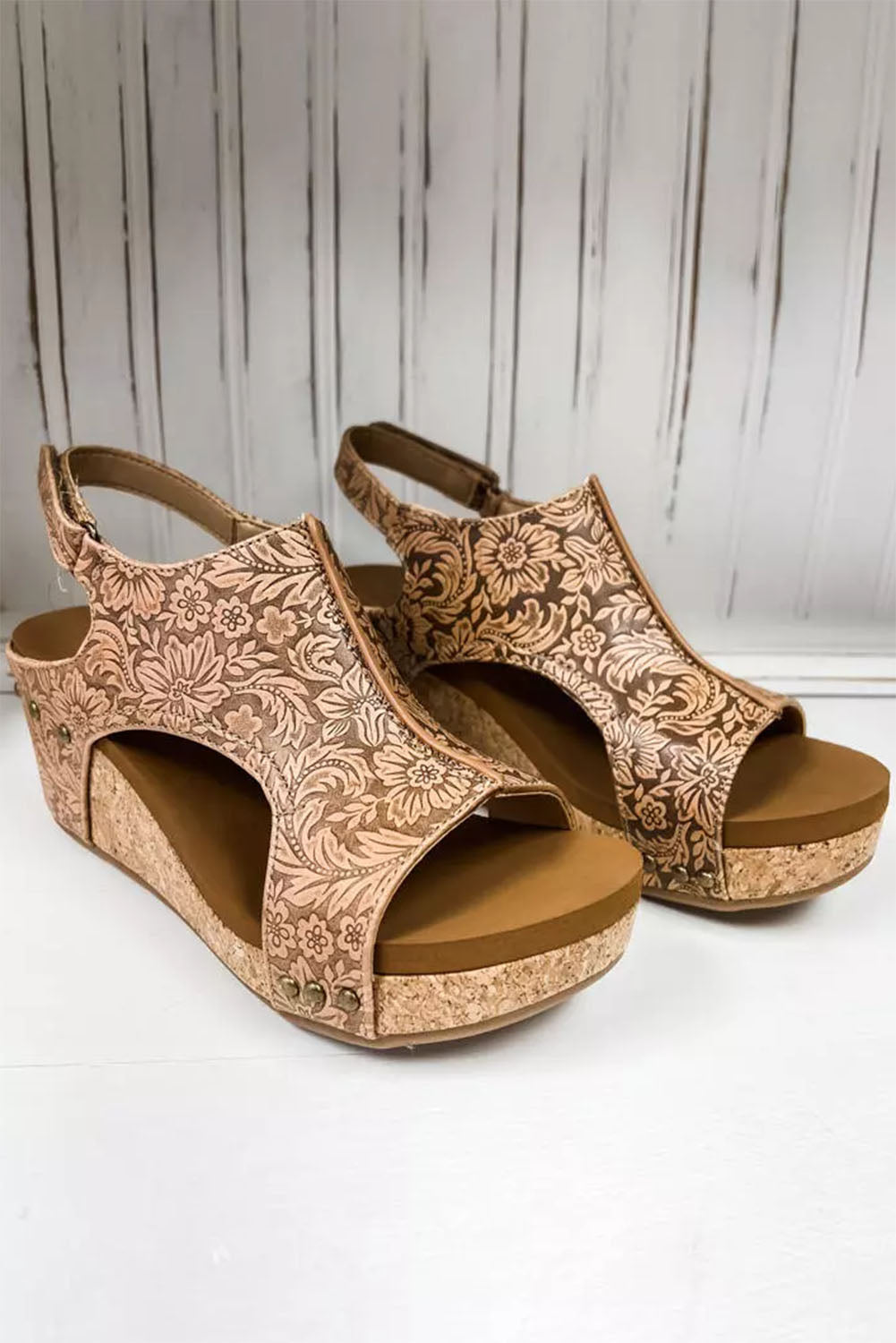 Brown Vintage Floral Leather Sandals