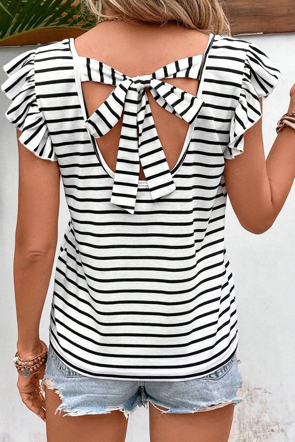 White Stripe V Neck Knotted Backless Ruffle Top