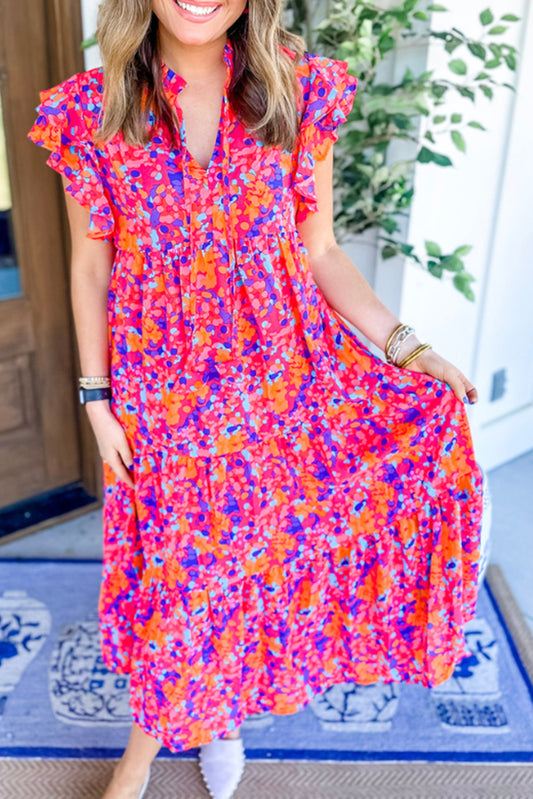 Multicolor Boho Abstract Print Ruffle Shoulder Tiered Midi Dress