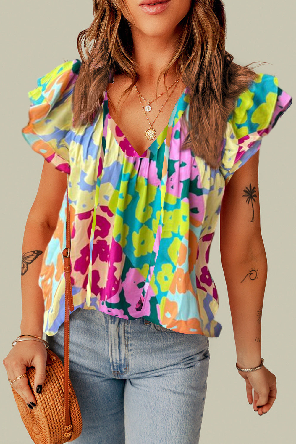 Multicolor Leopard Flutter Sleeve V Neck Crinkled Blouse (color options)