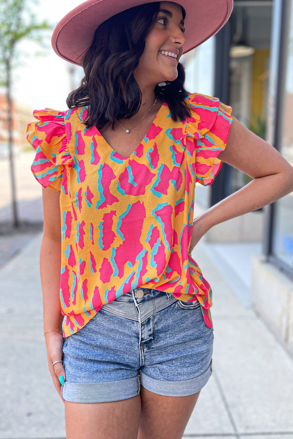 Orange Colorblock Abstract Print V Neck Ruffled Sleeve Blouse