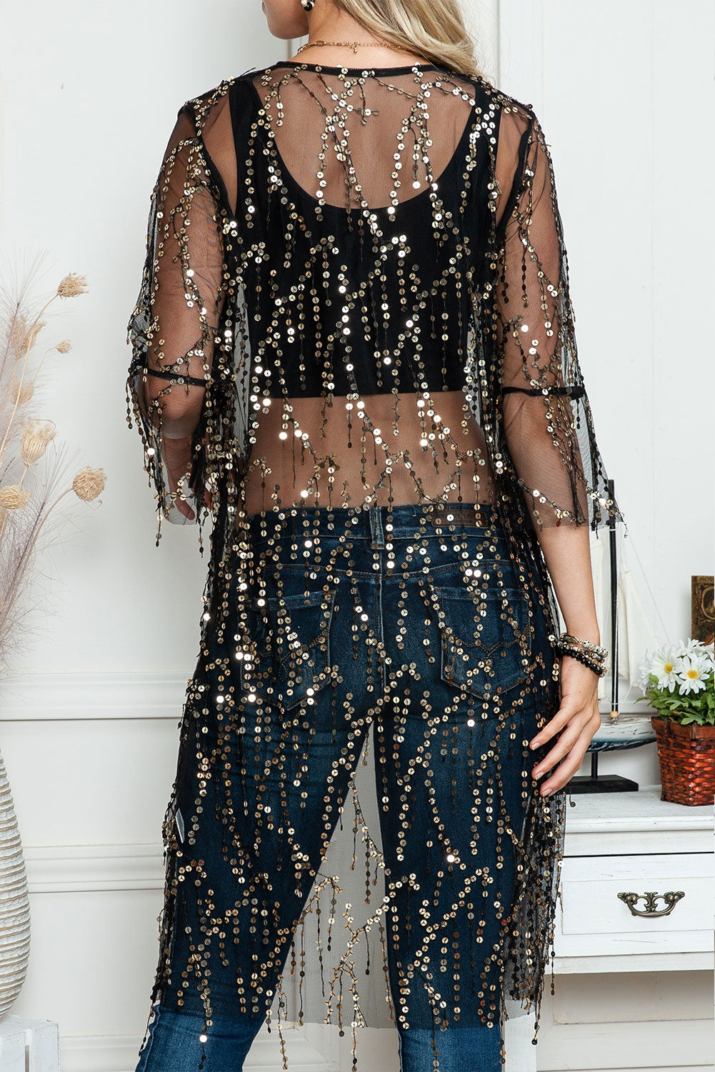 Sequin Sheer Casual Open Front Cover Up (Color Options)