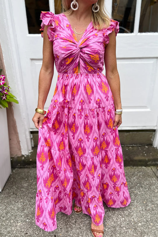 Pink Boho Abstract Print Ruffle Tiered Maxi Dress