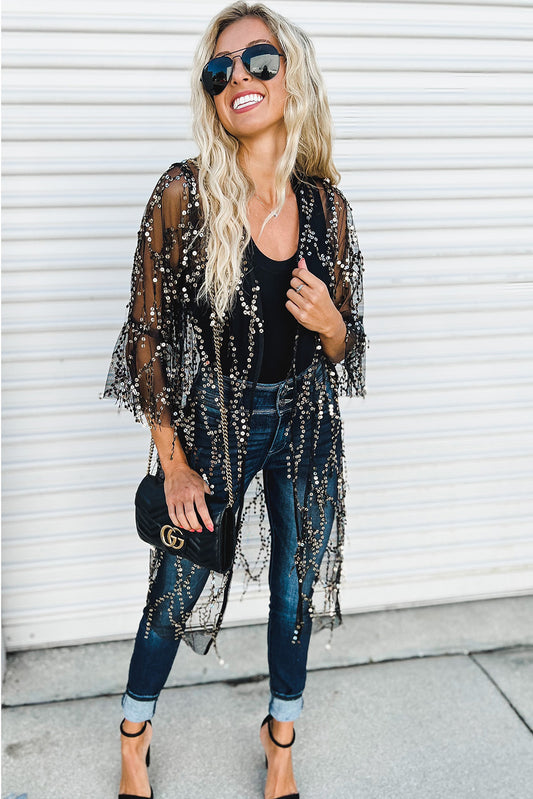Sequin Sheer Casual Open Front Cover Up (Color Options)