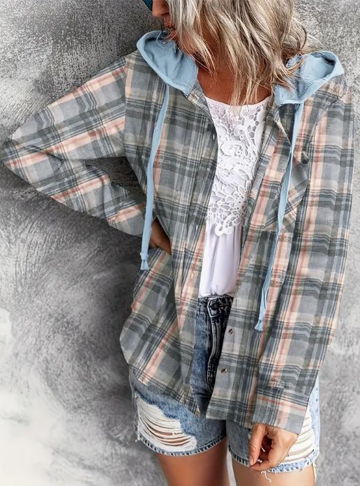 Plaid Print Hooded Casual Long Sleeve Drawstring Top