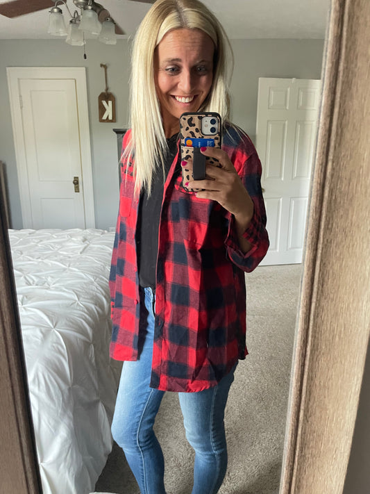 Red Plaid Vintage Button Long Sleeve Top