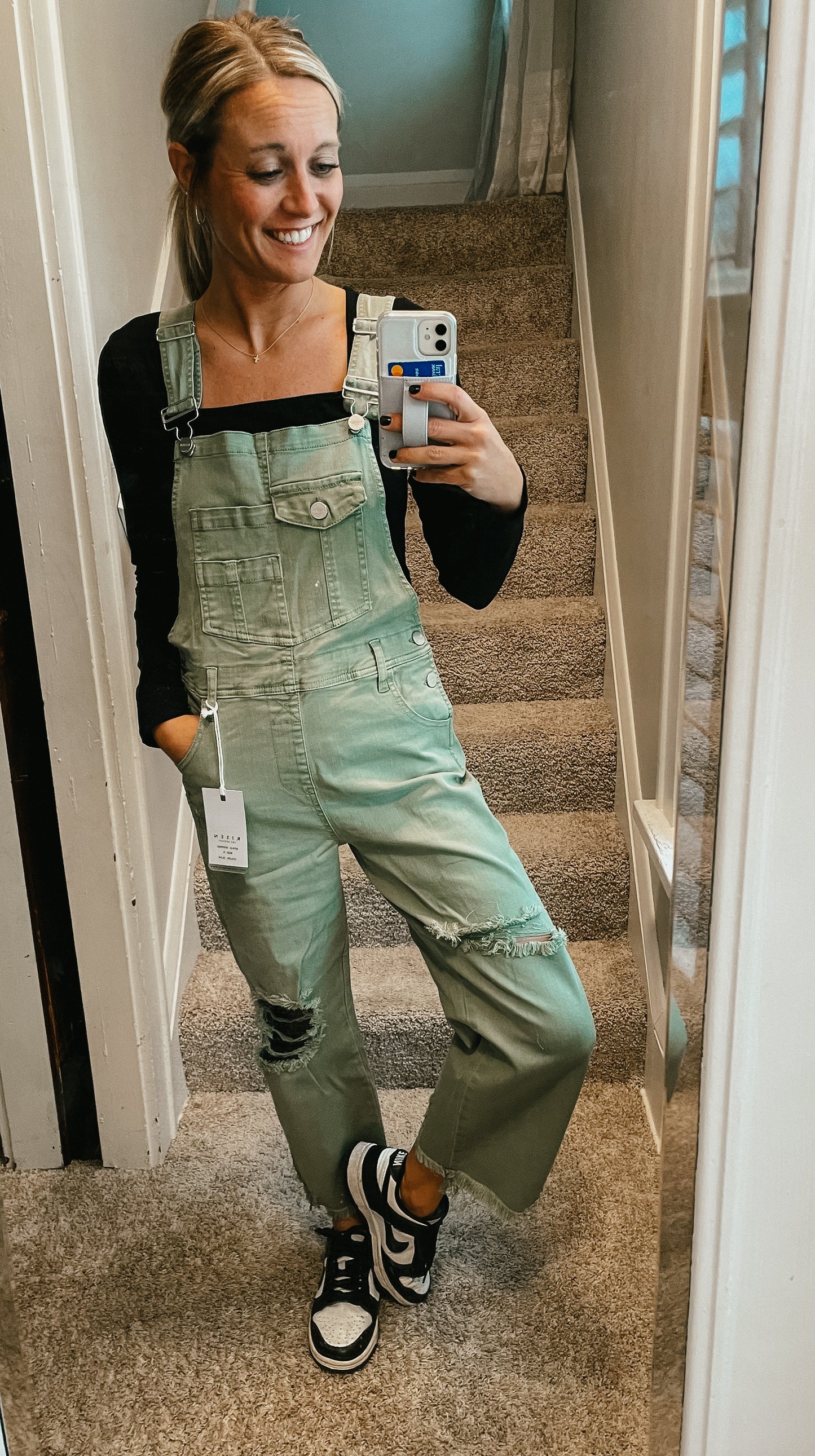 Risen High Rise Distressed Straight Overalls