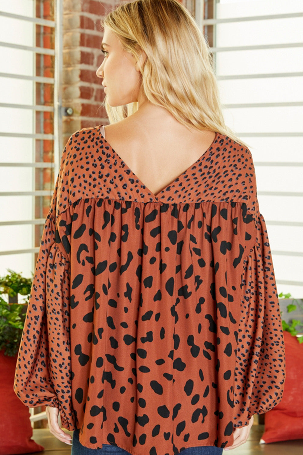 Brown Leopard V Neck Lantern Sleeve Tunic Blouse