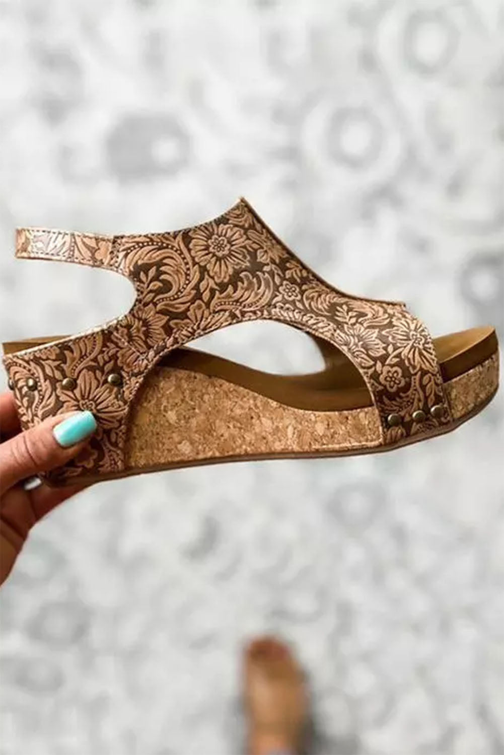 Brown Vintage Floral Leather Sandals