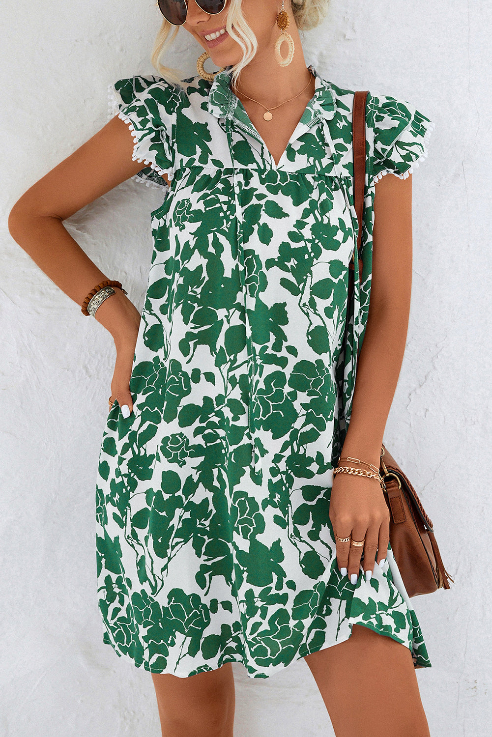 Boho Floral Print V Neck Tie Ruffle Sleeve Dress (Color Options)