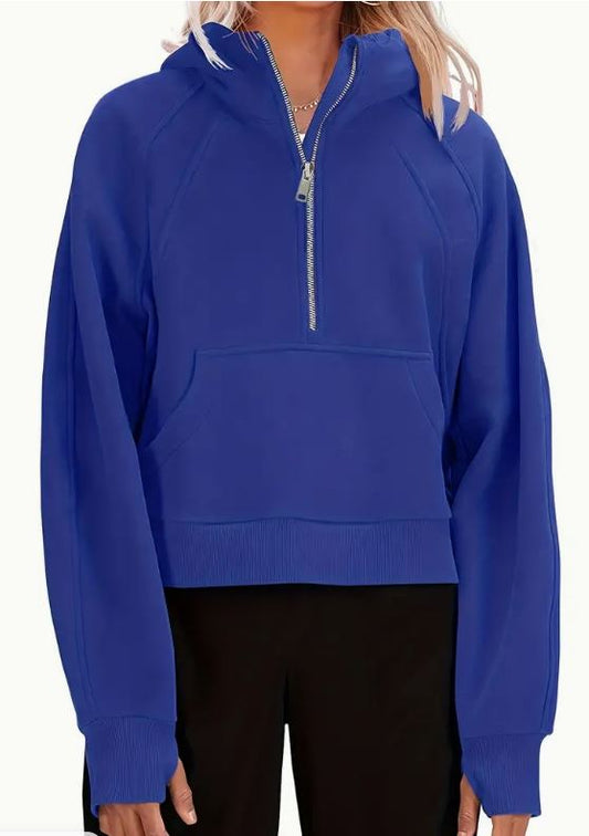 Solid Half Zip Hoodie- Blue