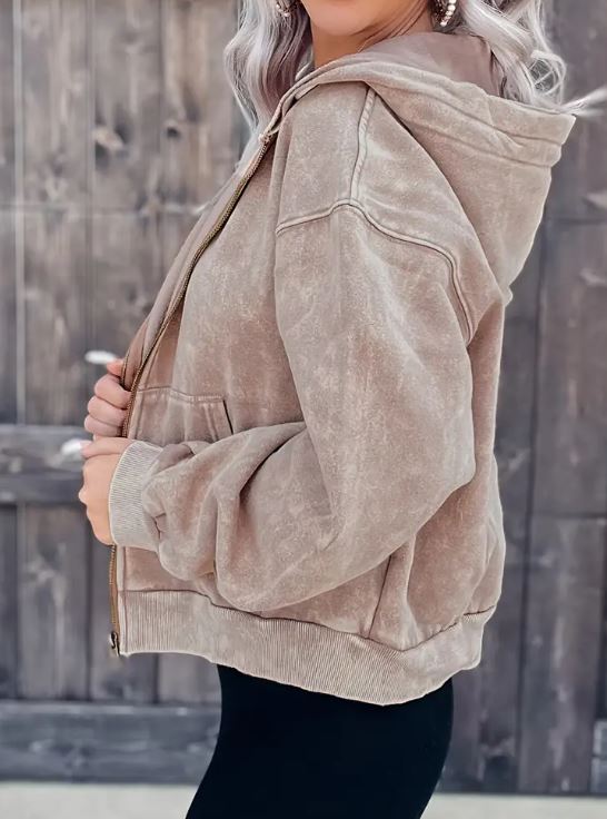 Mocha Acid wash Zip Up Hooded Jacket