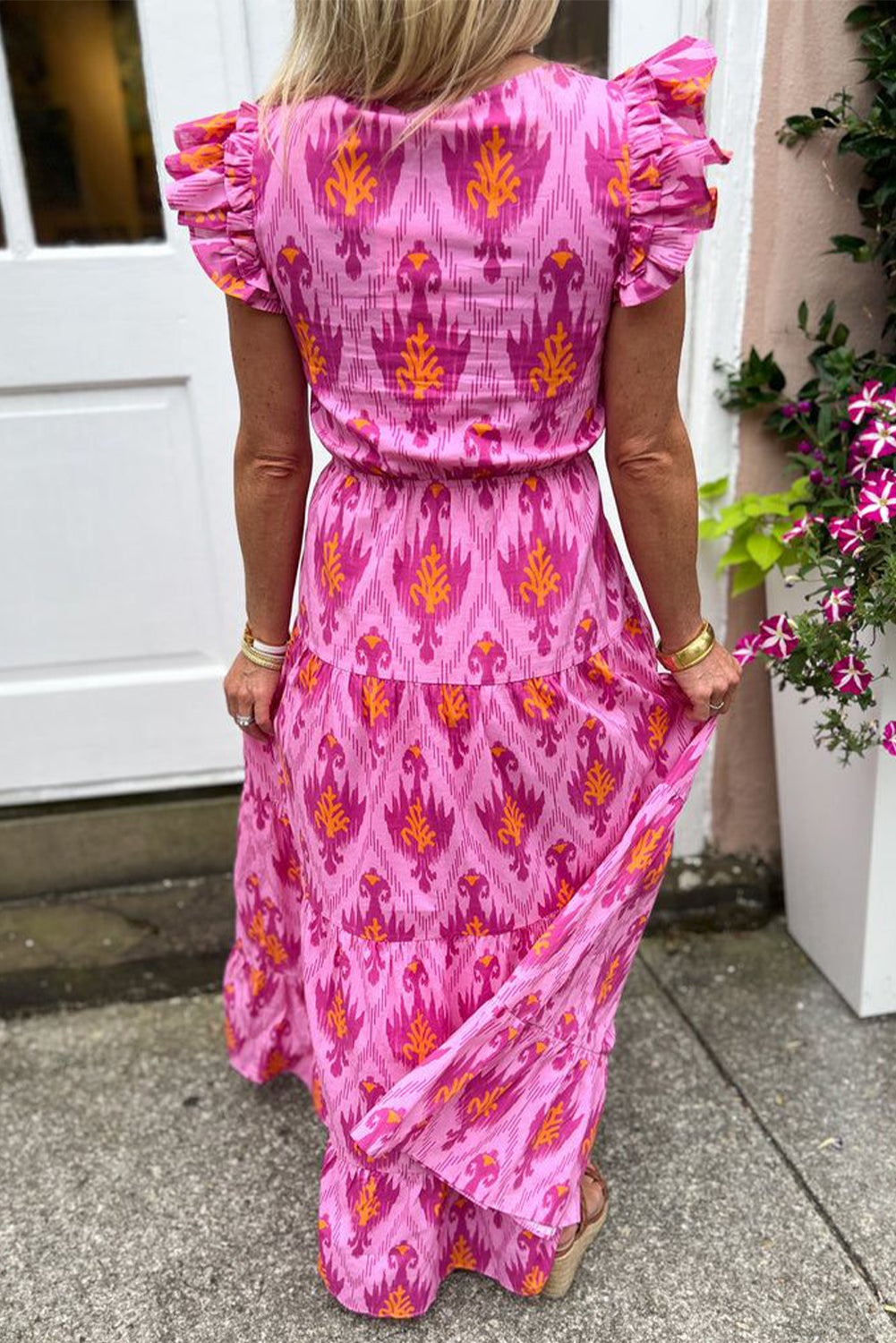 Pink Boho Abstract Print Ruffle Tiered Maxi Dress