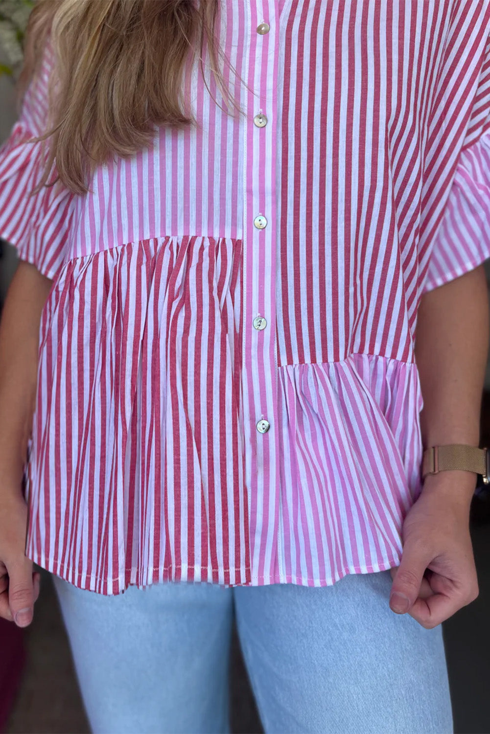 Pink Striped Patchwork Ruffle Button Up Shirt