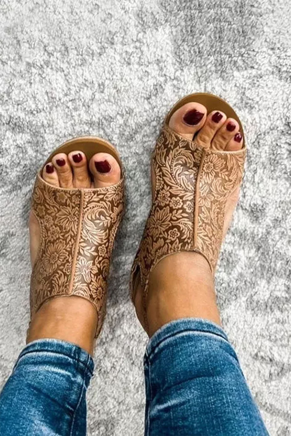 Brown Vintage Floral Leather Sandals