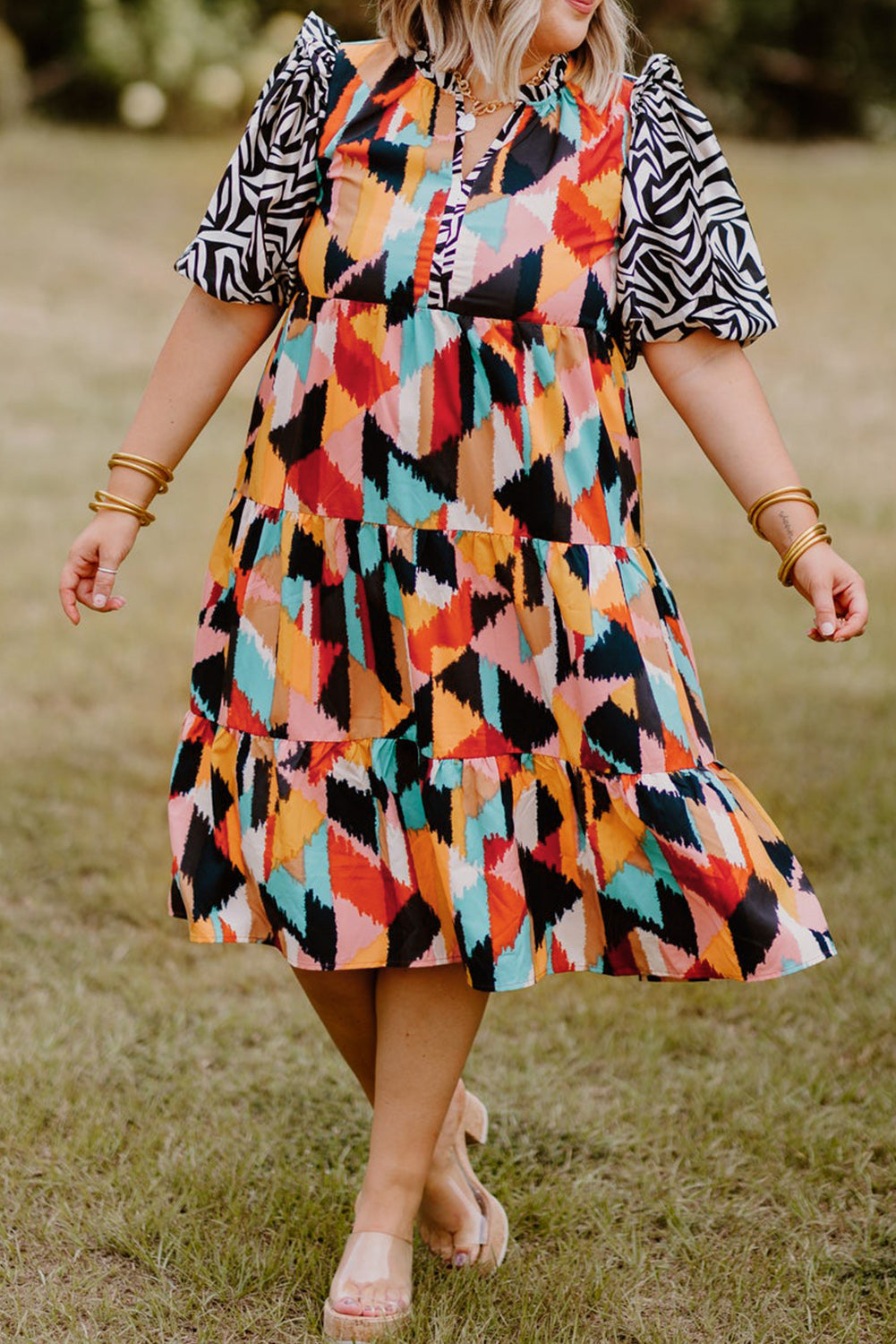 Pink Abstract Print Contrast Puff Sleeve Tiered Plus Size Dress