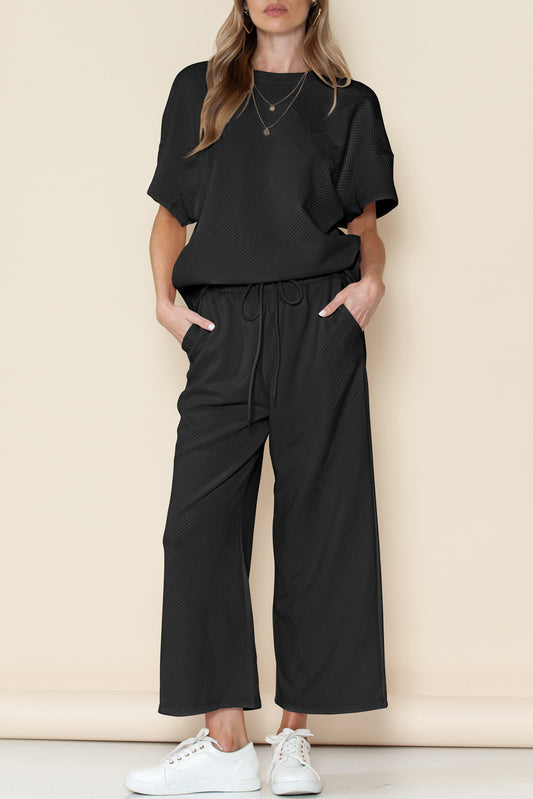 Black Textured Loose Fit T Shirt and Drawstring Pants Set (Color Options)