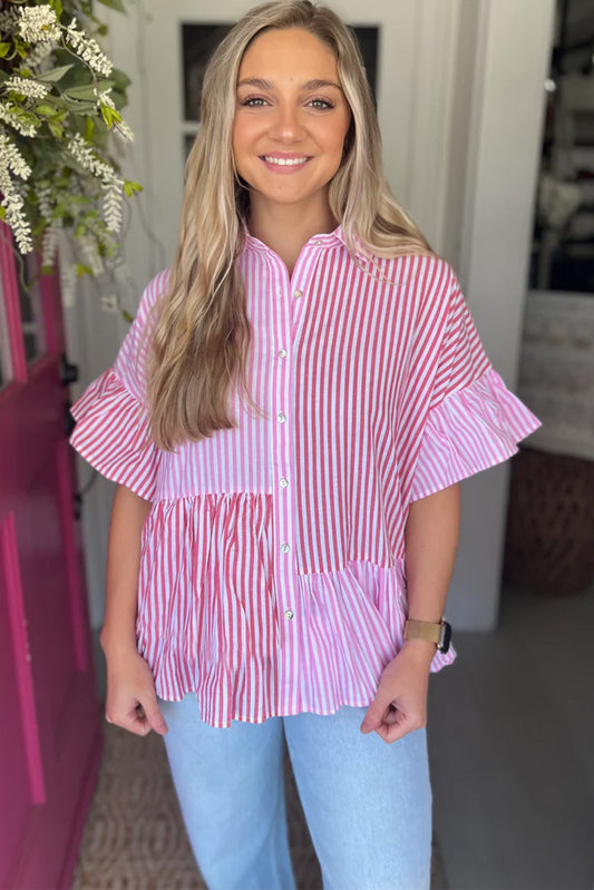 Pink Striped Patchwork Ruffle Button Up Shirt