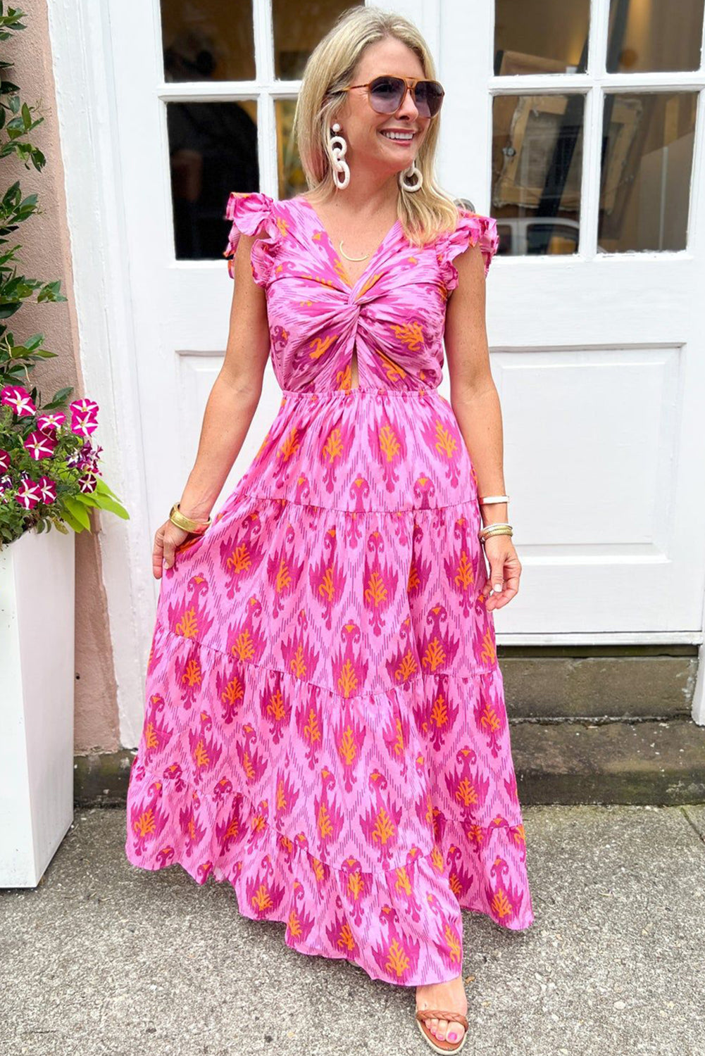 Pink Boho Abstract Print Ruffle Tiered Maxi Dress