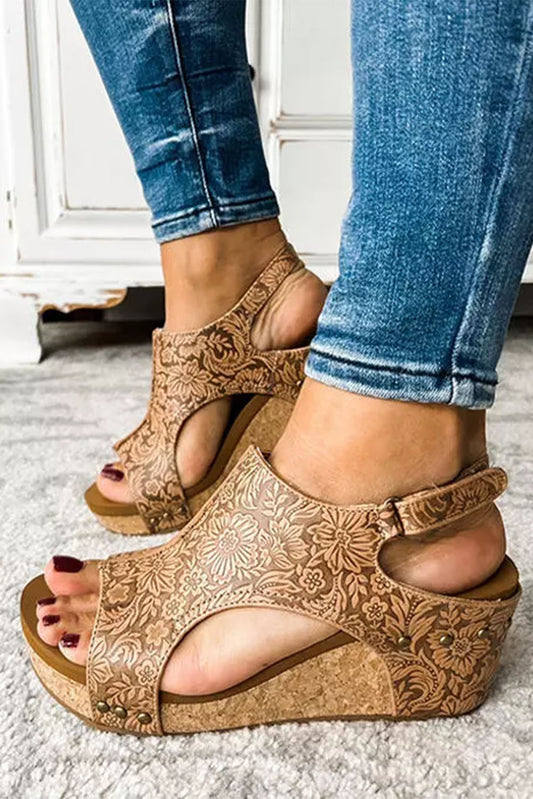 Brown Vintage Floral Leather Sandals