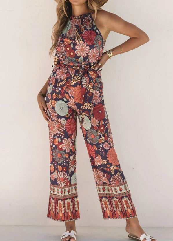 Purple Floral Print Wide Leg Jumpsuit