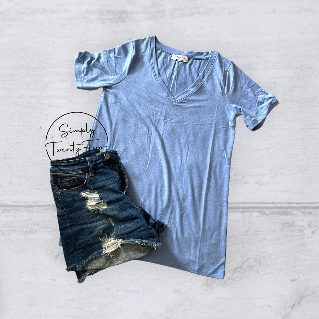 Basic Short Sleeve V-Neck- Spring Blue