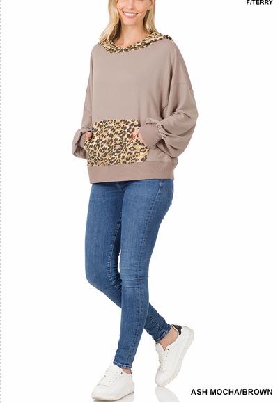 SOFT LIGHT WEIGHT LEOPARD HOODIE- ASH MOCHA/BROWN